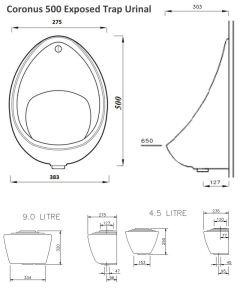1 Urinal Set - Coronus 500: Exposed Trap, Flushpipes  & China Cistern